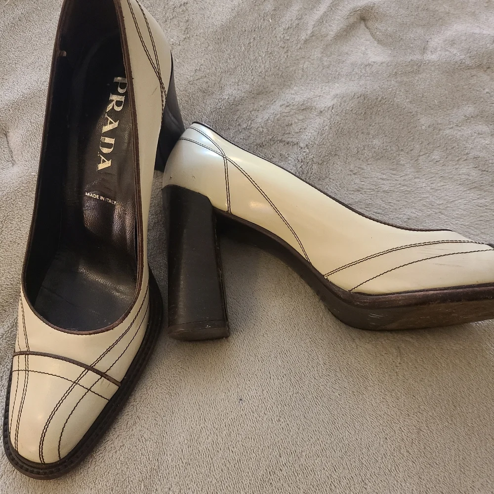 Prada block heels, cream with brown stiching, 38.5 - Picture 2 of 6